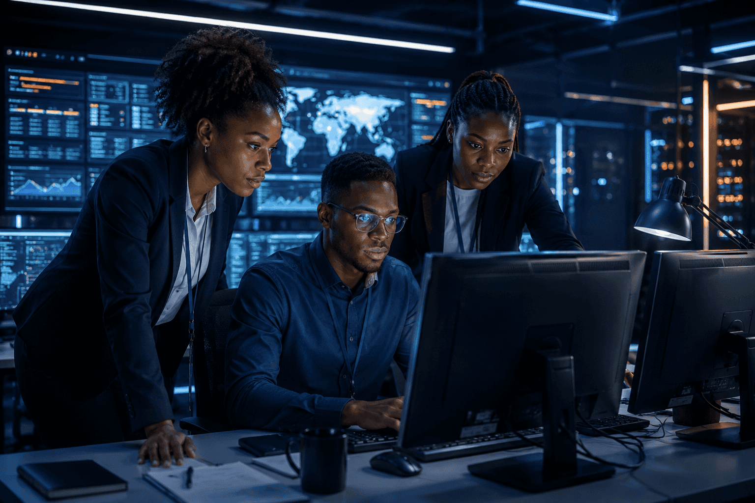 A team of engineers collaborating at a workstation in a modern data operations centre